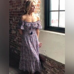 Tory Burch Wildflower Smocked Off Shoulder Ruffle Midi Dress
